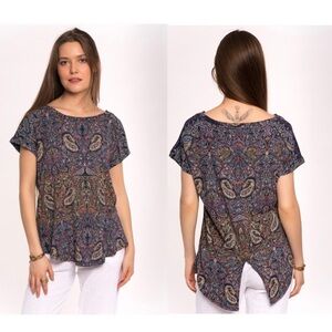 Lucky Brand Paisley Split Back Short Sleeve Tee Shirt 1X